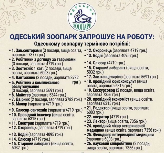 Одесский зоопарк ищет сотрудников на самые низкие зарплаты в городе